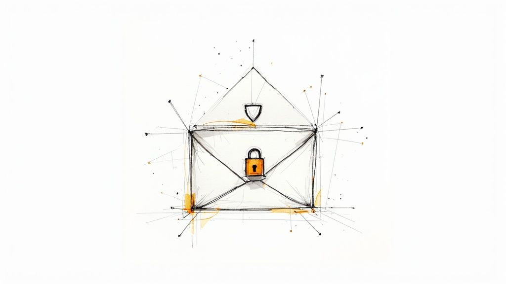 Sketch-style line art of a closed envelope with a padlock on its body and a small shield above the flap, with geometric lines radiating outward and orange accent marks where they intersect.