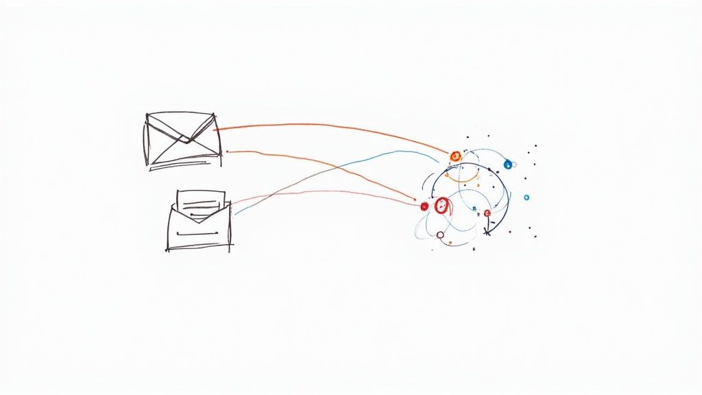 Hand-drawn sketch of two envelope icons on the left connected by orange, red and blue curved lines to an abstract swirling cluster of colored dots and circles on the right