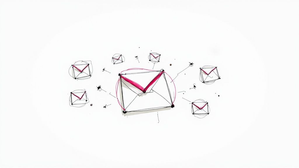 Hand-drawn sketch of one large central envelope icon surrounded by six smaller envelope icons with pink-magenta diagonal accents and small node dots, on a white background
