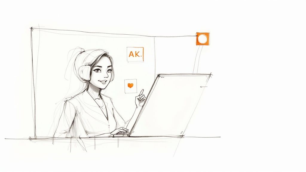 Pencil sketch of a person wearing a headset seated at a laptop, raising one finger, with small orange icon squares floating nearby