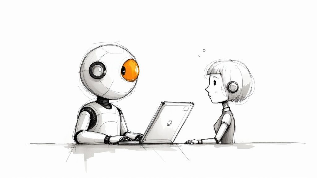 Line-art sketch of a round-headed robot with a large orange eye seated at a desk with a laptop, facing a short-haired figure wearing headphones