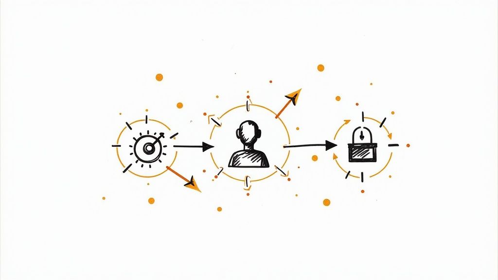 Sketch diagram of three circles joined by arrows, a target crosshair, a person silhouette and a padlock, each ringed in orange ink