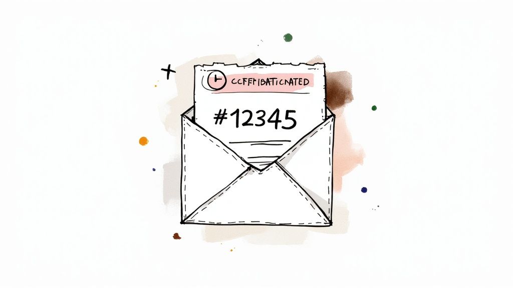 Hand-drawn line-art illustration of an open envelope with a letter emerging, showing a pink-highlighted label with a clock icon and the reference number 12345, surrounded by scattered watercolor dots