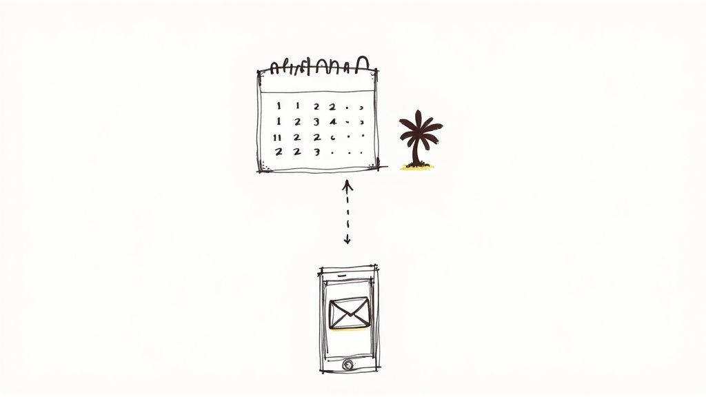 Hand-drawn sketch of a wall calendar with a small palm tree beside it, linked by a dashed double-headed arrow to a smartphone showing an envelope on its screen