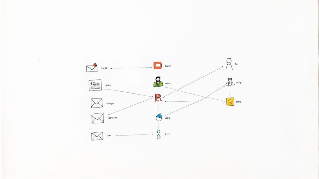 Hand-drawn routing diagram with envelope and document icons on the left connected by crossing lines to colored person and app icons, branching right to stick-figure person icons and a yellow sticky note