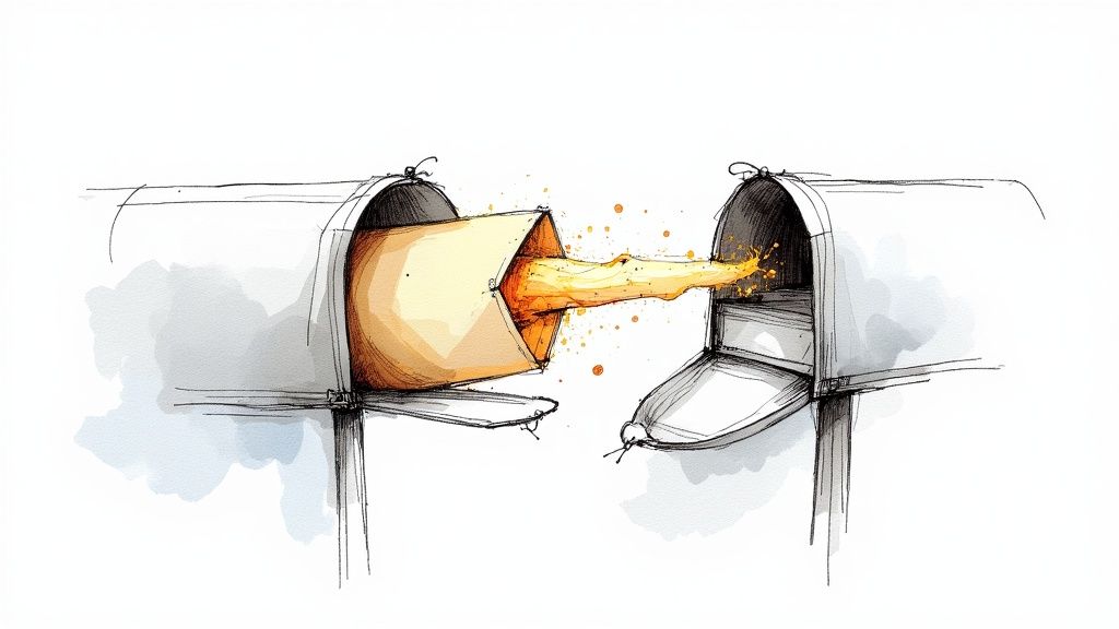 Two metal mailboxes standing side by side with an orange envelope flying from one to the other