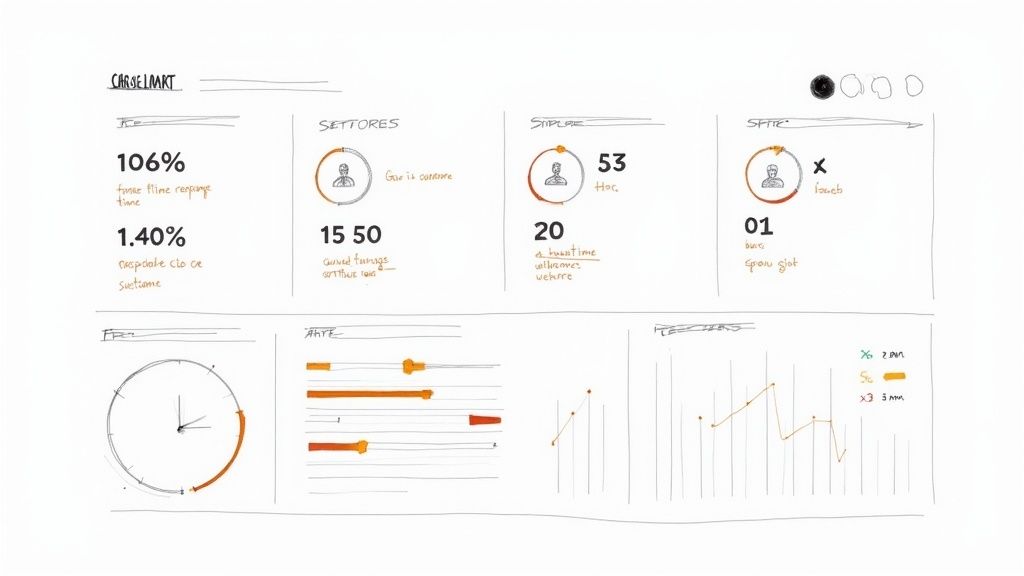 Hand-drawn whiteboard dashboard with metric tiles, circular progress rings, a clock diagram and a bar chart in orange and black ink