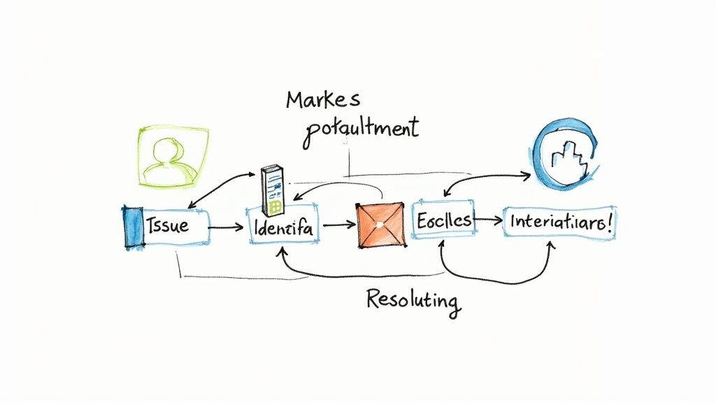 Hand-drawn whiteboard flowchart of labelled rectangular boxes joined by arrows through a multi-step process with feedback loops, including a green person icon, a server icon and a blue circular node