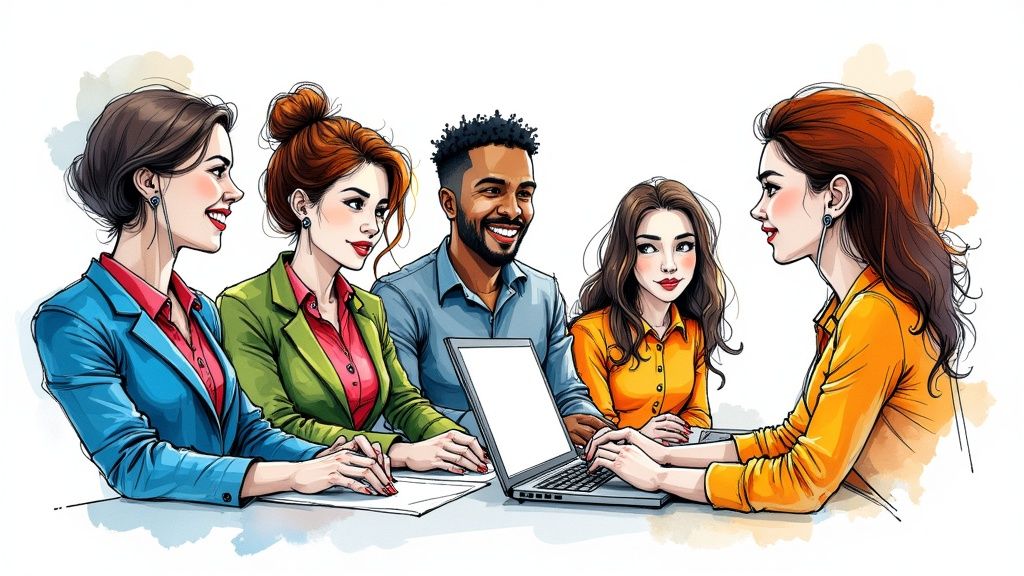 Color illustration of five people gathered around a table with an open laptop, drawn in a loose watercolor sketch style, wearing bright blue, green, red and orange clothing and talking to each other