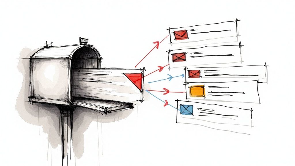 Sketch of an open metal mailbox with a red flag up, sending colored arrows toward five stacked email rows