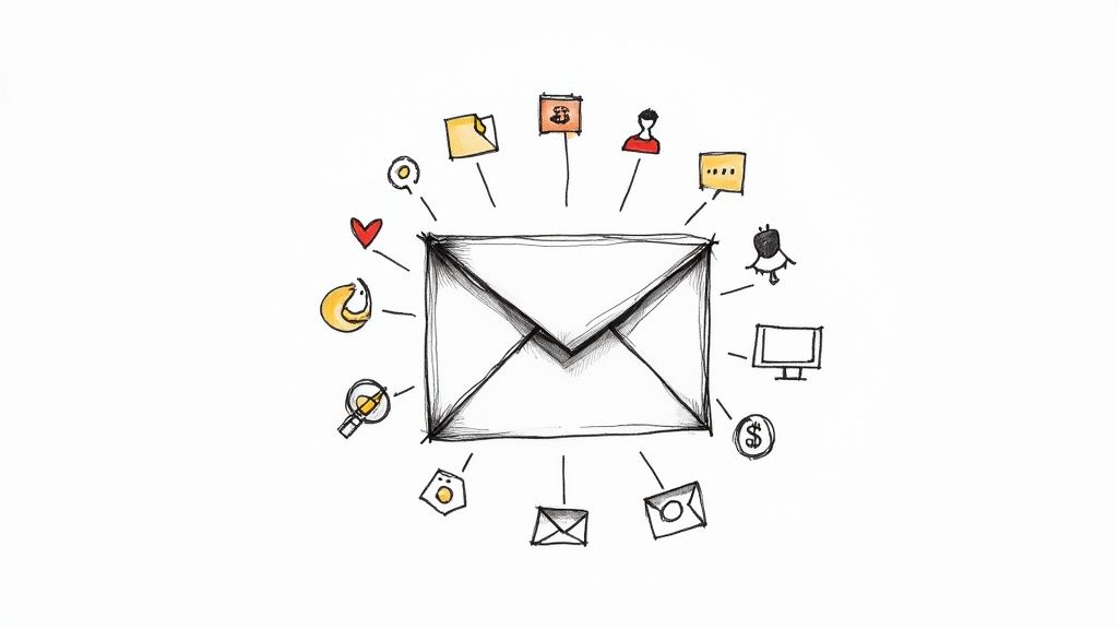 Hand-drawn sketch of a large envelope at the center with about twelve small icons radiating outward on lines, including a red heart, a person silhouette, a chat bubble, a monitor, a coin, smaller envelopes and a magnifying glass