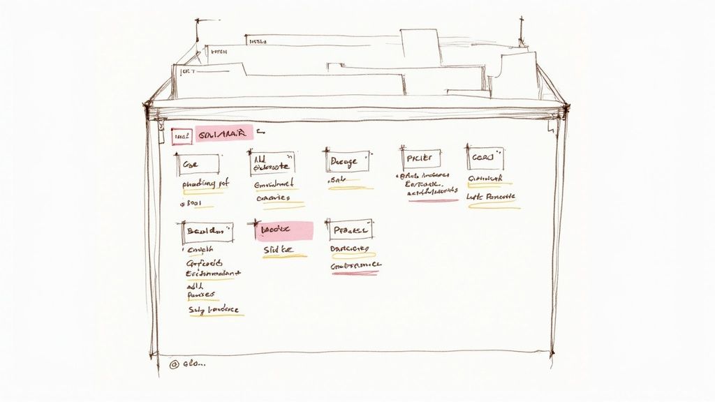 Hand-drawn pen sketch of a kanban-style board wireframe with several labelled card columns and one card highlighted in pink
