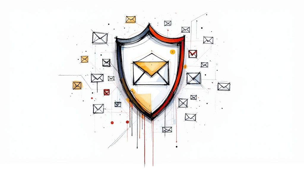 Line-art sketch of a large shield with a red and dark border containing a yellow envelope at its center, surrounded by smaller envelope icons connected by thin lines