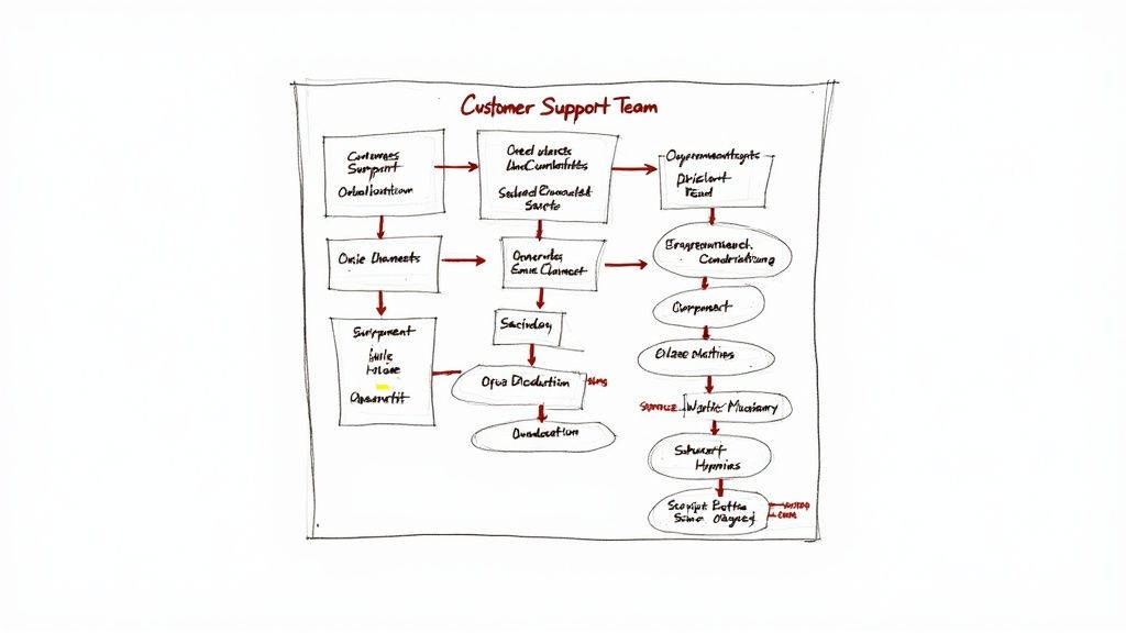 Hand-drawn whiteboard flowchart titled "Customer Support Team", with rectangular and rounded boxes joined by branching red arrows