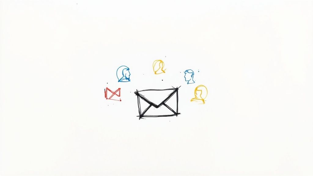 Hand-drawn sketch of a large black envelope surrounded by four small person icons in blue and yellow, with a crossed-out envelope icon to the left