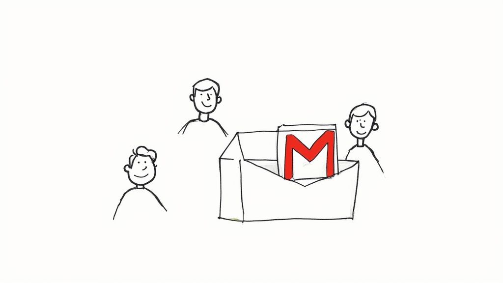 Line-art sketch of three smiling rounded figures gathered around one large open envelope containing a letter icon, on a white background