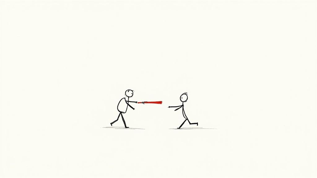 Minimalist line-art sketch of two stick figures, one handing a red baton to the other, who is reaching forward to take it