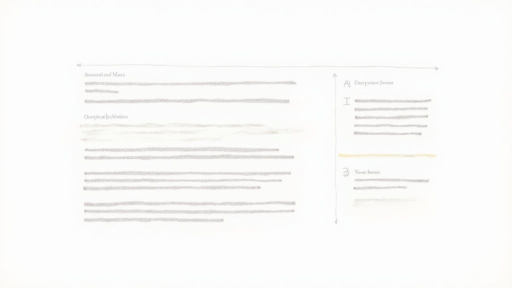 Hand-drawn sketch-style diagram showing two side-by-side email layout panels with pencil text lines, section headings, numbered labels and faint yellow highlight accents, with a horizontal arrow spanning the top