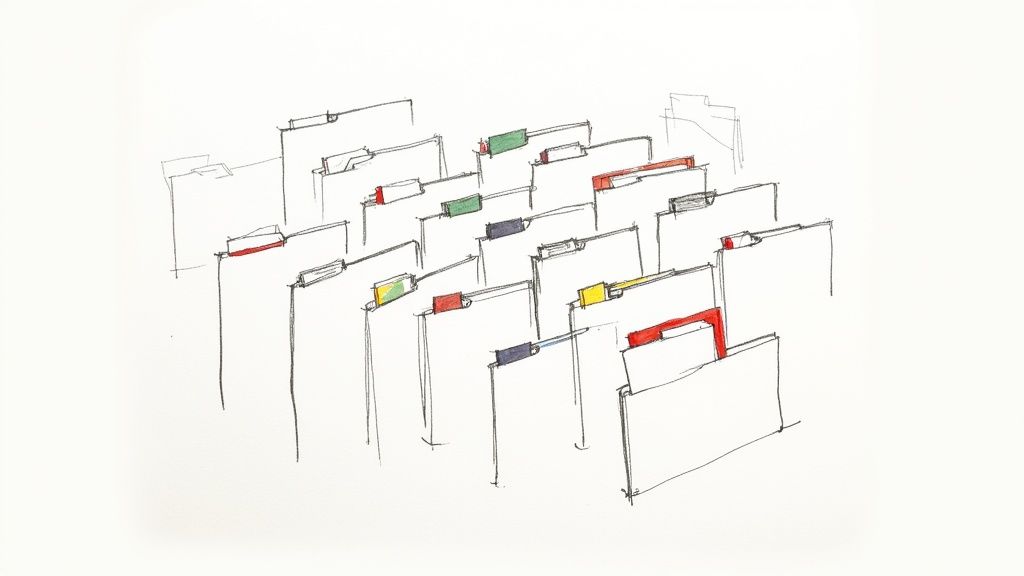 Hand-drawn sketch of hanging file folders arranged in rows, each with a small colored tab label in green, red, yellow, blue and gray, in black ink on a white background