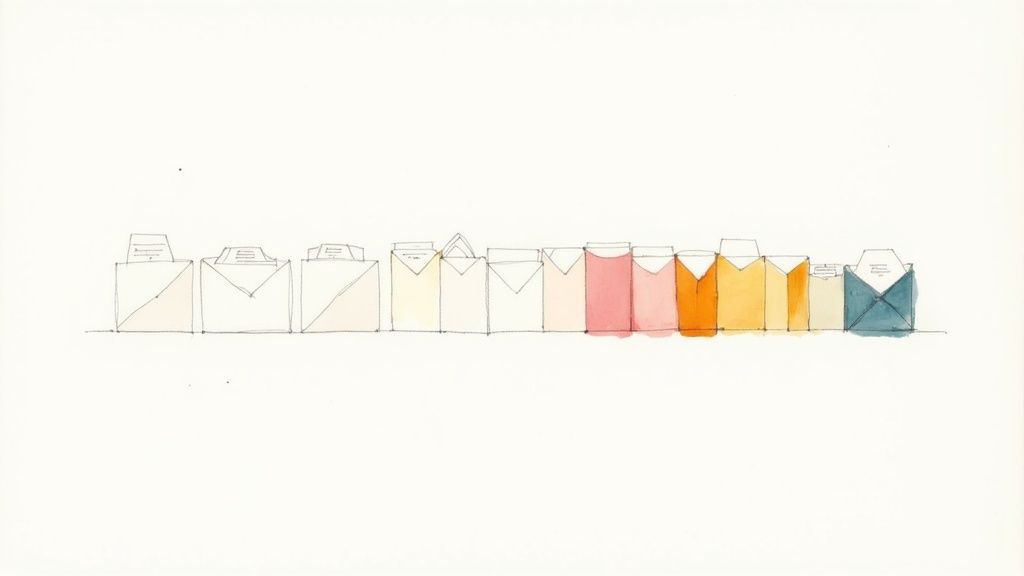 Row of ten open envelopes with letters peeking out, drawn in line art and shading from white through pink and orange to teal