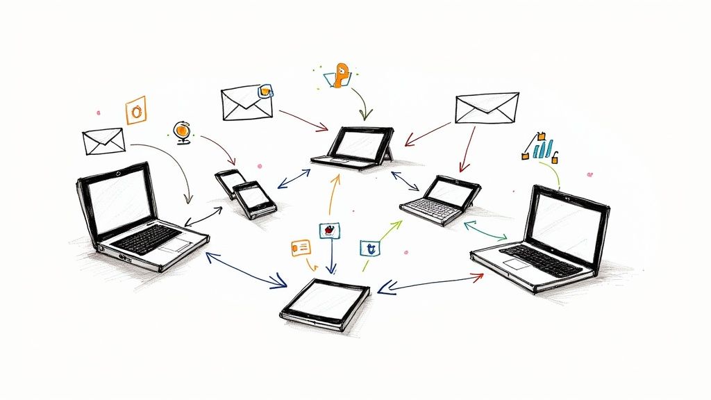 Hand-drawn sketch of five devices, two laptops, two tablets and a smartphone, arranged in a loose circle with colored arrows running between them and small floating icons of envelopes, a globe and bar charts