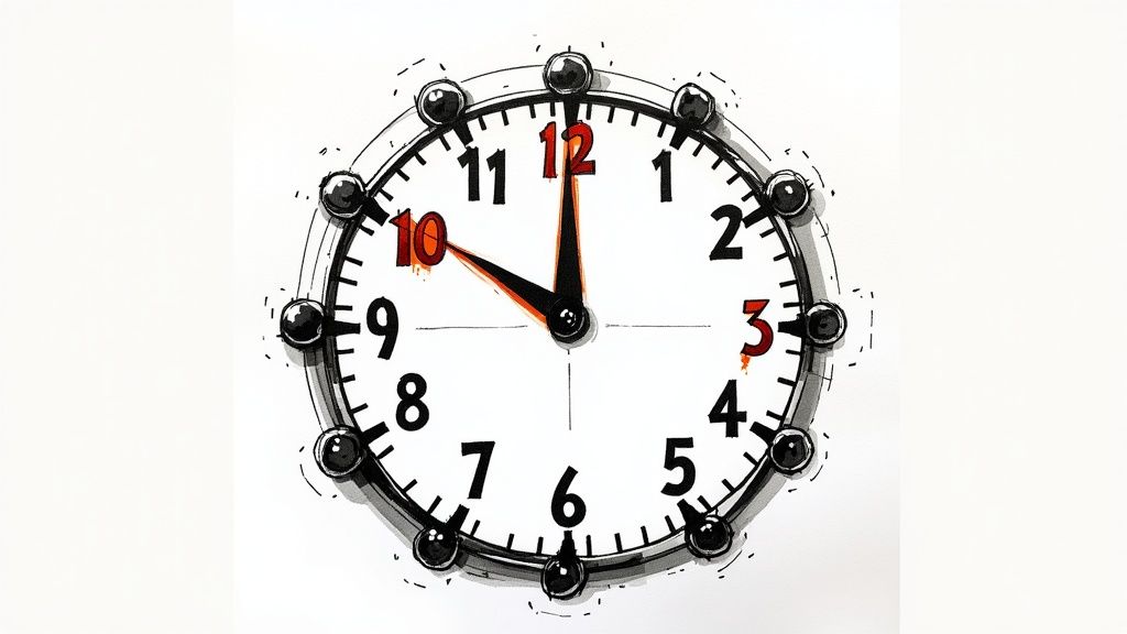 Sketch of an analog wall clock with black hands pointing near ten o'clock and red-highlighted numerals at 12, 10 and 3