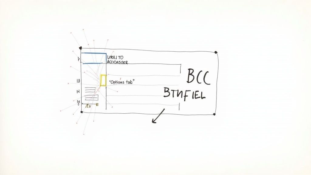 Hand-drawn sketch of an email compose window with a blue header bar, a yellow-highlighted Options tab label, red dot annotations and a handwritten BCC label with an arrow pointing at a callout box