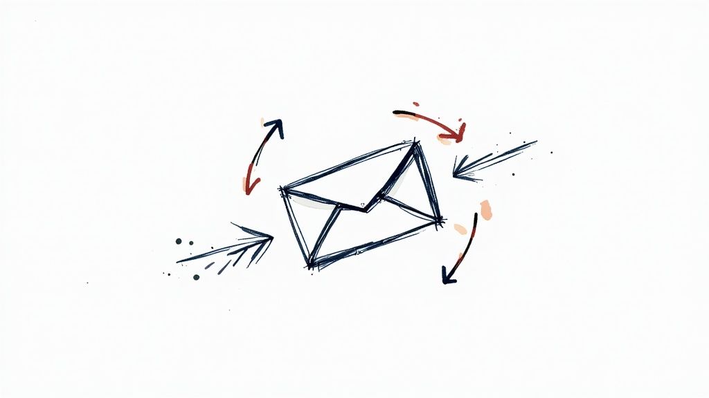 Loose hand-drawn sketch of an envelope in dark navy ink with six arrows around it pointing in different directions, on a white background